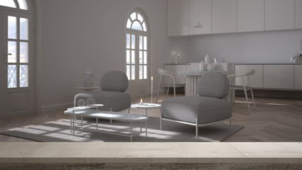 Wooden vintage table top or shelf closeup, zen mood, over classic minimalist white living room with armchairs and kitchen with island and armchairs, white architecture interior design