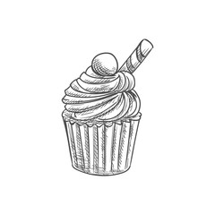 Muffin topped by waffle cone and chocolate candy isolated pastry food. Vector cupcake, bakery product