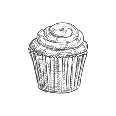 Cupcake decorated by sugar glaze isolated muffin sketch. Vector caramel birthday cake