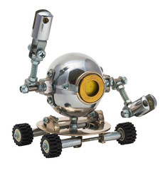 Robot isolated on white. Chrome and steel parts.