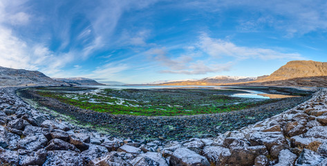 Panoramic view over empty area around Borgarnes in southern Iceland in winter during daytime