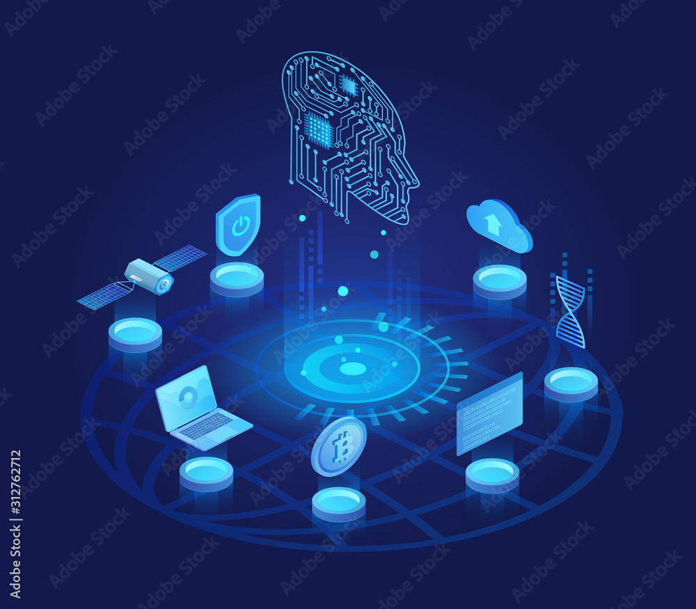 Fototapete Artificial intelligence dark isometric vector illustration. Digital technology and robotic mind. Computer science. Cyberspace networking. Machine learning. AI cartoon conceptual design element