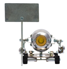 Steampunk robot holding metal sign. Cyberpunk style. Chrome and bronze parts.