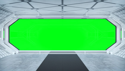 White blue spaceship futuristic interior mockup with window view 3d rendering © sdecoret