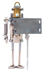 Steampunk robot holding metal sign. Cyberpunk style. Chrome and bronze parts.