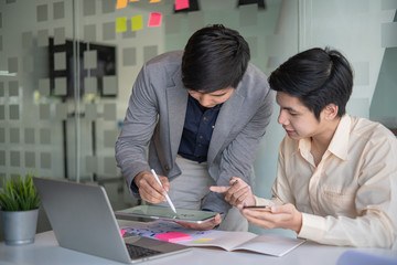 Young business teamwork working with business report document on office desk.Brainstorming Business People Design Planning,Brainstorming Planning Partnership.	