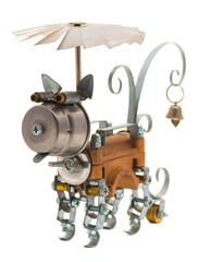 Metallic dog. Focus on eyes. Steampunk and cyberpunk style.