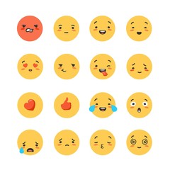 Set of yellow round emoticons and emoji. Smiles to express emotions to communicate messages