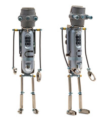 Steampunk robot. Two sides. Cyberpunk style. Chrome and bronze parts. Isolated on white.