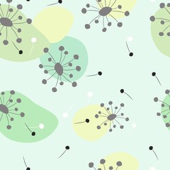Abstract seamless pattern of flying dandelions. Background in a simple style with geometric elements.