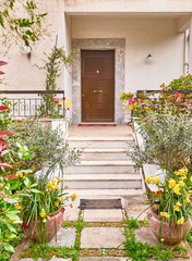 Fototapeta na wymiar classic design house cosy entrance path and stairs through the garden