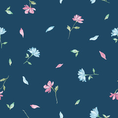 Blue and pink little flowers watercolor painting - seamless pattern on navy blue background