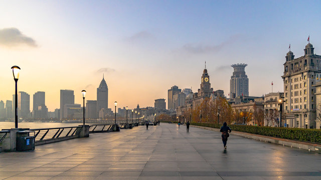Shanghai at morning  The Bund, The Bund in Shanghai is a famous waterfront area in central Shanghai, China.
