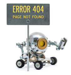 Steampunk robot holding metal sign. Cyberpunk style. Chrome and bronze parts.