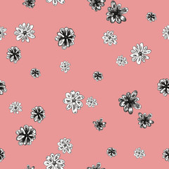 Little white flowers hand drawn - seamless pattern on peach pink background	