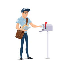 Mailman delivering letters, putting envelopes into postbox vector cartoon postman isolated vector