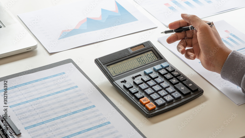Poster businessman working calculate data document graph chart report marketing research development planni