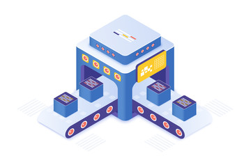 Cryptocurrency market place isometric vector illustration. Innovative technology for product distribution and segregation. Merchandise sorting facility. Retail cartoon conceptual design element