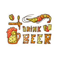 Drink beer rectangular poster. Hand drawning vector illustration for beer business, pub, restaurant. Colored doodles shrimp, pint, snacks. Doodle cartoon banner, isolated image on white background