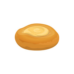 Homemade open patty with cottage cheese isolated. Vector round bun, curd tart, Russian pastry vatrushka