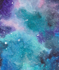 Watercolor illustration of beautiful space. Colorful galaxies. Design for typography, postcards, posters and prints.