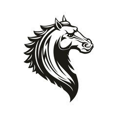 Fototapeta premium Horse head icon of black tribal animal. Wild mustang stallion or mare with curved neck and ornamental mane for tattoo, horse racing sport mascot or t-shirt print design