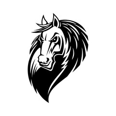 Horse or mustang animal isolated icon, tribal tattoo and equestrian sport mascot design. Black and white stallion or mare horse head with angry muzzle and curly mane