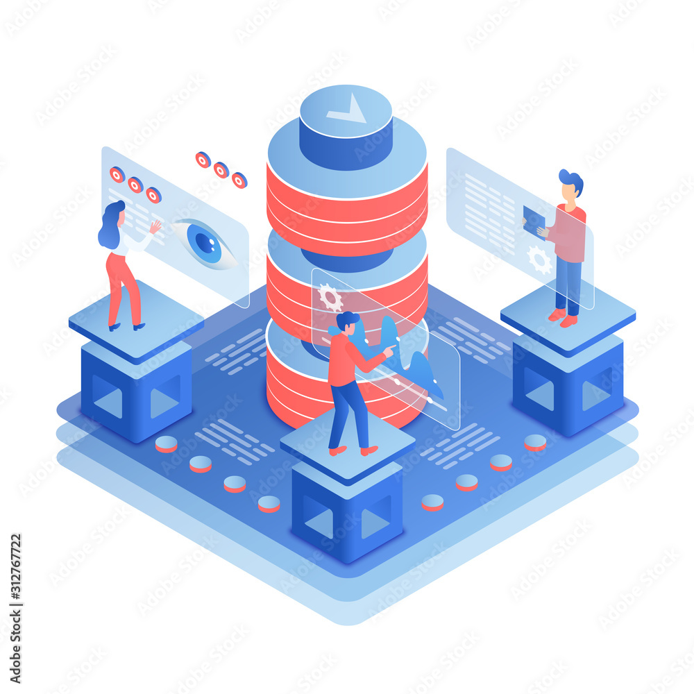 Aufkleber Team work isometric vector illustration. Marketing team collaboration. Technical maintenance and technology optimization. Data center diagnostic. Online business cartoon conceptual design element