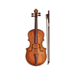 Italian viola isolated retro musical instrument. Vector wooden violin with bow, cello sketch