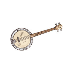 American banjo isolated retro musical instrument. Vector four string banjo guitar, chordal accompaniment - obrazy, fototapety, plakaty