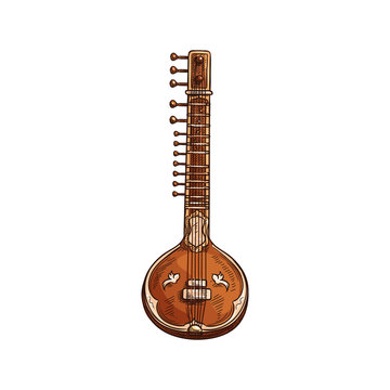 Indian sitar isolated plucked stringed instrument. Vector retro musical tool, Hindustani classical music