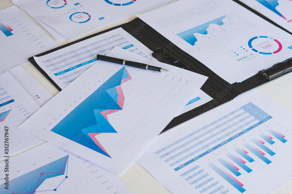 Poster businessman working calculate data document graph chart report marketing research development planni
