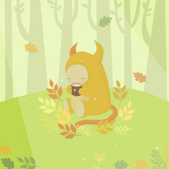Cute yellow monster and mug of tea in autumn wood. Vector illustration.