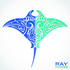 manta ray blue green color ornamental symbol - obrazy, fototapety, plakaty