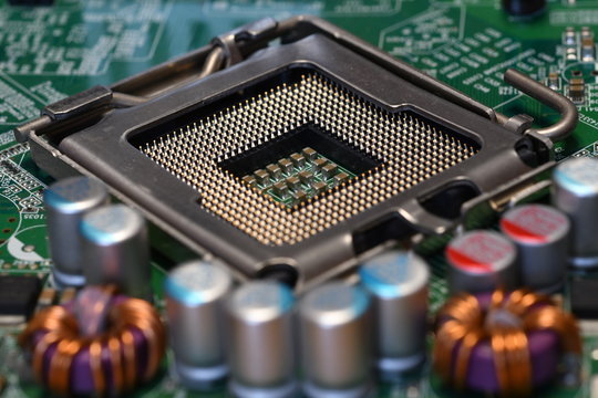 Close-Up of CPU Socket on a Modern Computer Motherboard. Electronic Small Component Details.