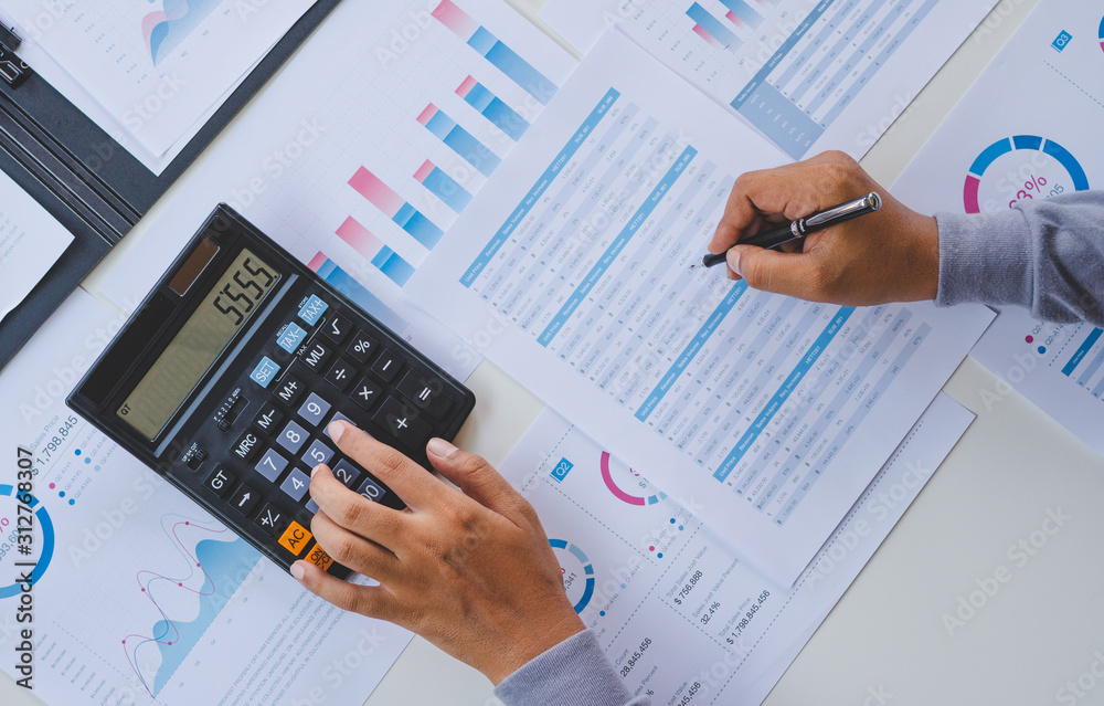 Poster businessman working calculate data document graph chart report marketing research development planni
