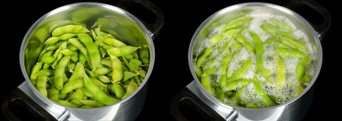 Edamame, green soybeans, maodou, raw and boiling in saltwater, both in a metal pot. Soy beans, Glycine max., a legume that bis rich on protein and edible after cooking. Closeup, macro food photo.