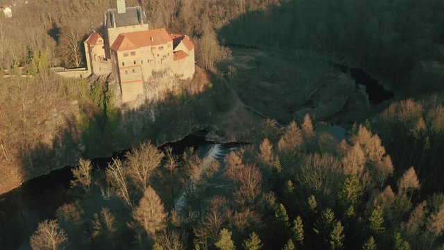 Top panoramic view over an old castle Kriebstein on the hill in the old town of Waldheim, Saxony, Germany by the Zschope river near Dresden