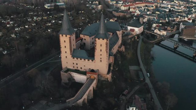 Top panoramic view over an old castle Rochlitz on the hill in the old town of Rochlitz, Saxony, Germany by the Zwickau Mulde river near Chemnitz