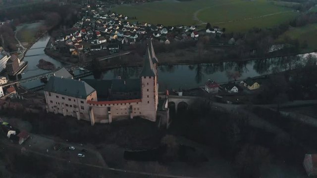 Top panoramic view over an old castle Rochlitz on the hill in the old town of Rochlitz, Saxony, Germany by the Zwickau Mulde river near Chemnitz