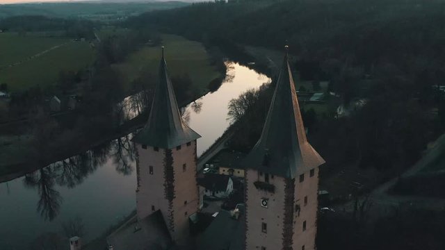 Top panoramic view over an old castle Rochlitz on the hill in the old town of Rochlitz, Saxony, Germany by the Zwickau Mulde river near Chemnitz