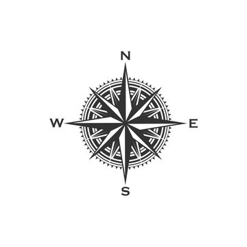 Compass symbol and sign, isolated vector marine navigation element. Rose of wind heraldic monochrome signs with world sides, north and south, west and east. Geography and cartography, map