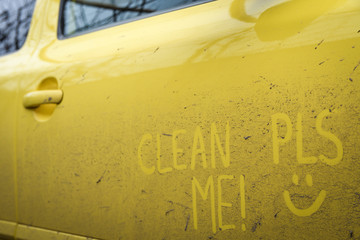 Write, words, inscription, text, clean, me, very, dirty, surface, car., Concept, car, wash.