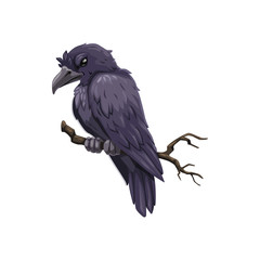 Fototapeta premium Crow on branch icon, evil feathered animal, isolated vector. Raven on tree, scary bird