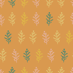 Seamless pattern with green, yellow and pink branches, plants. Cartoon kids simple vector art.