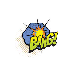 Comic book sound blast, Bang cloud cartoon halftone pop art icon. Vector Bang sound blast and shot explosion cloud