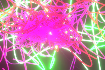 Messy colorful string neon grow lights. For graphic design or background. 3D render.