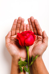 A happy couple  love painted on finger.Valentine day concept 