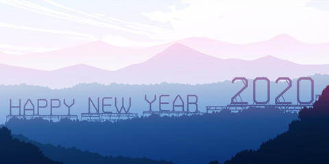 Happy new year 2020 Natural forest mountains horizon Landscape wallpaper Silhouette tree Sunrise and sunset Illustration vector style colorful view background
