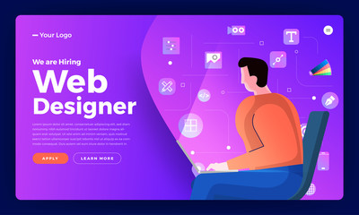Flat design concept we are hiring web designer. Landing page template design for hiring web design people. Vector illustrations.